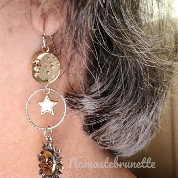 Metal Boho Celestial Sun Moon Star Dangle Earrings - Picture 12 of 17
